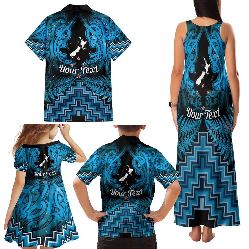 Personalised Aotearoa Matariki Family Matching Tank Maxi Dress and Hawaiian Shirt Turquoise Fern Maori Poutama