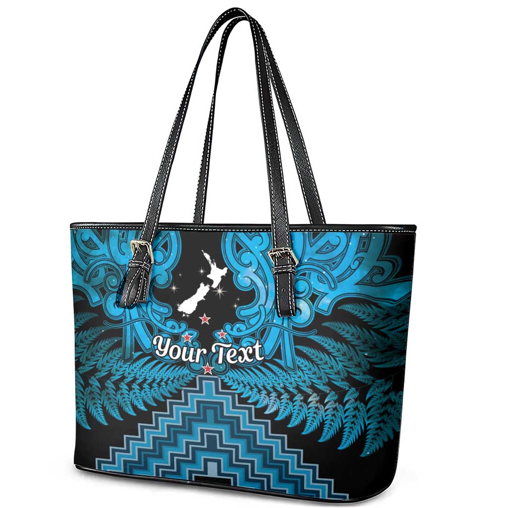 Personalised Aotearoa Matariki Leather Tote Bag Turquoise Fern Maori Poutama