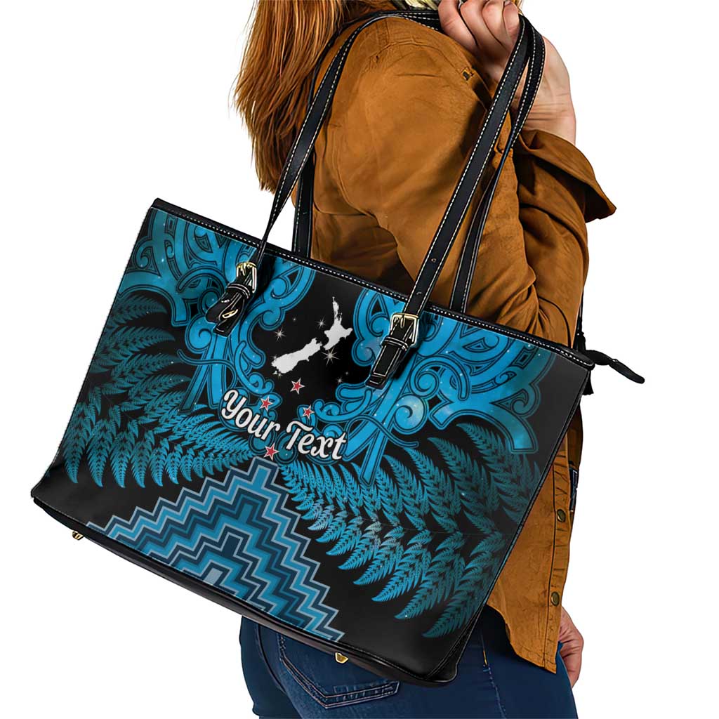 Personalised Aotearoa Matariki Leather Tote Bag Turquoise Fern Maori Poutama