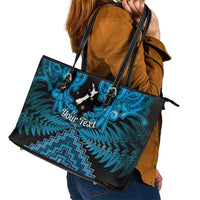 Personalised Aotearoa Matariki Leather Tote Bag Turquoise Fern Maori Poutama