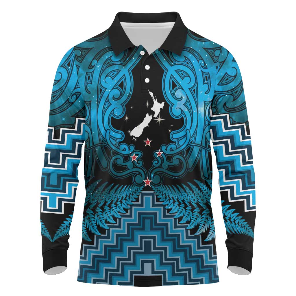 Personalised Aotearoa Matariki Long Sleeve Polo Shirt Turquoise Fern Maori Poutama