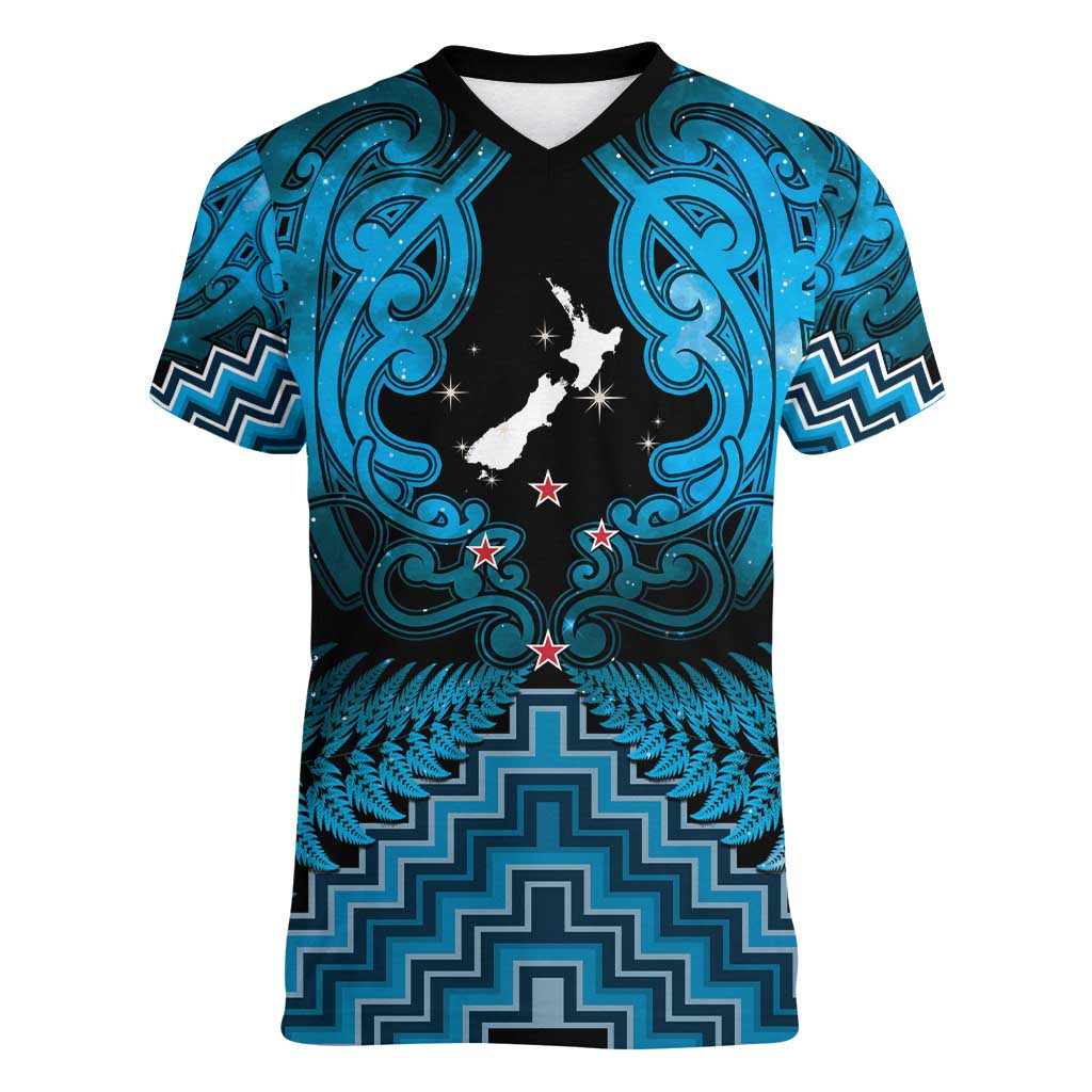 Personalised Aotearoa Matariki Women V-Neck T-Shirt Turquoise Fern Maori Poutama LT01 Female Turquoise - Polynesian Pride