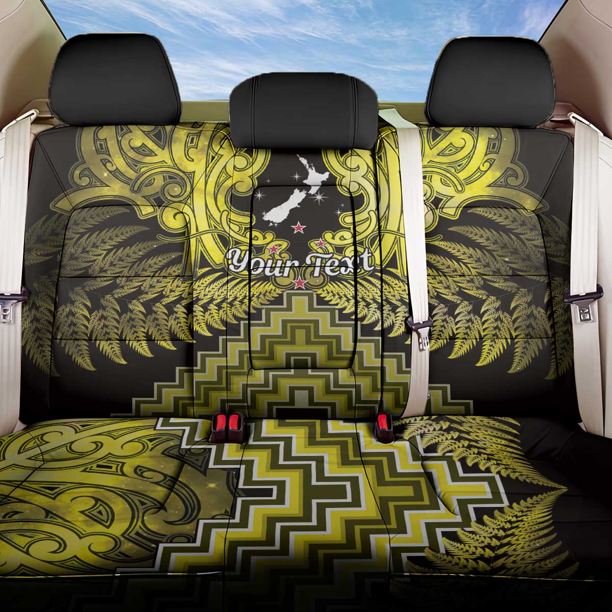 Personalised Aotearoa Matariki Back Car Seat Cover Yellow Fern Maori Poutama
