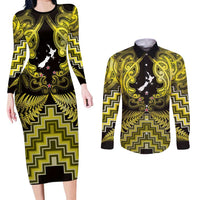 Personalised Aotearoa Matariki Couples Matching Long Sleeve Bodycon Dress and Long Sleeve Button Shirt Yellow Fern Maori Poutama