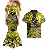 Personalised Aotearoa Matariki Couples Matching Mermaid Dress and Hawaiian Shirt Yellow Fern Maori Poutama