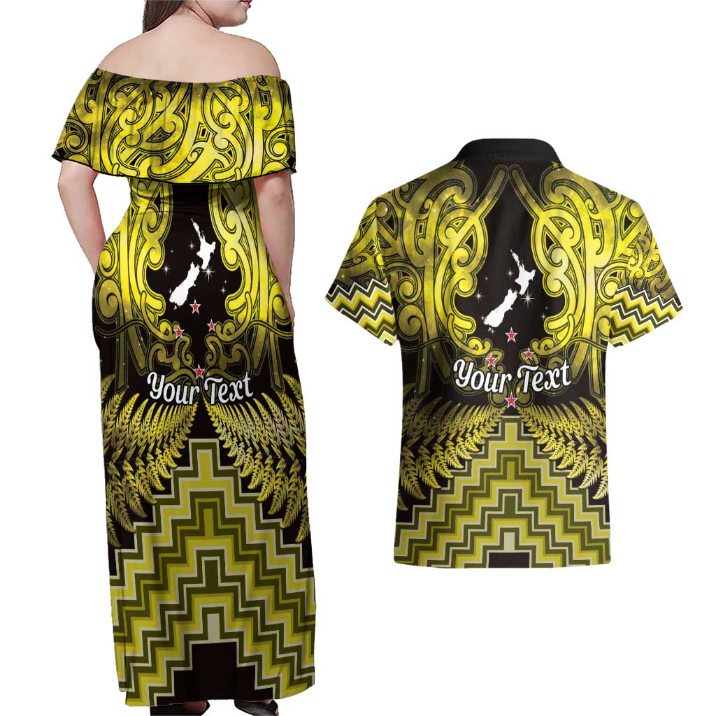 Personalised Aotearoa Matariki Couples Matching Off Shoulder Maxi Dress and Hawaiian Shirt Yellow Fern Maori Poutama