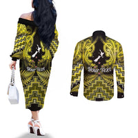 Personalised Aotearoa Matariki Couples Matching Off The Shoulder Long Sleeve Dress and Long Sleeve Button Shirt Yellow Fern Maori Poutama