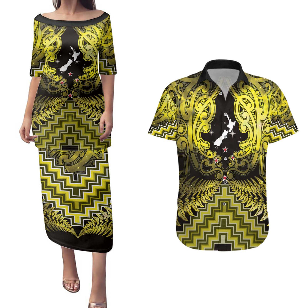 Personalised Aotearoa Matariki Couples Matching Puletasi and Hawaiian Shirt Yellow Fern Maori Poutama