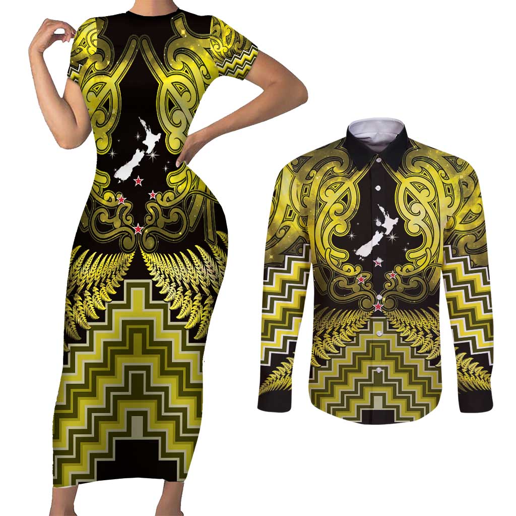 Personalised Aotearoa Matariki Couples Matching Short Sleeve Bodycon Dress and Long Sleeve Button Shirt Yellow Fern Maori Poutama
