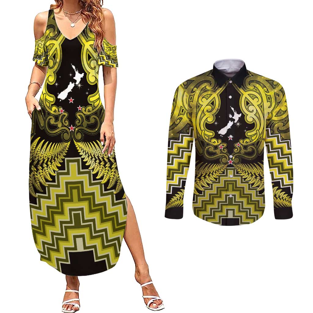 Personalised Aotearoa Matariki Couples Matching Summer Maxi Dress and Long Sleeve Button Shirt Yellow Fern Maori Poutama