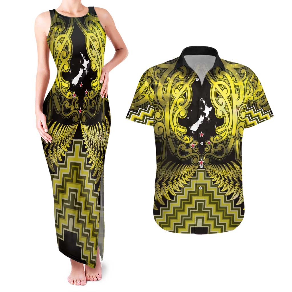 Personalised Aotearoa Matariki Couples Matching Tank Maxi Dress and Hawaiian Shirt Yellow Fern Maori Poutama