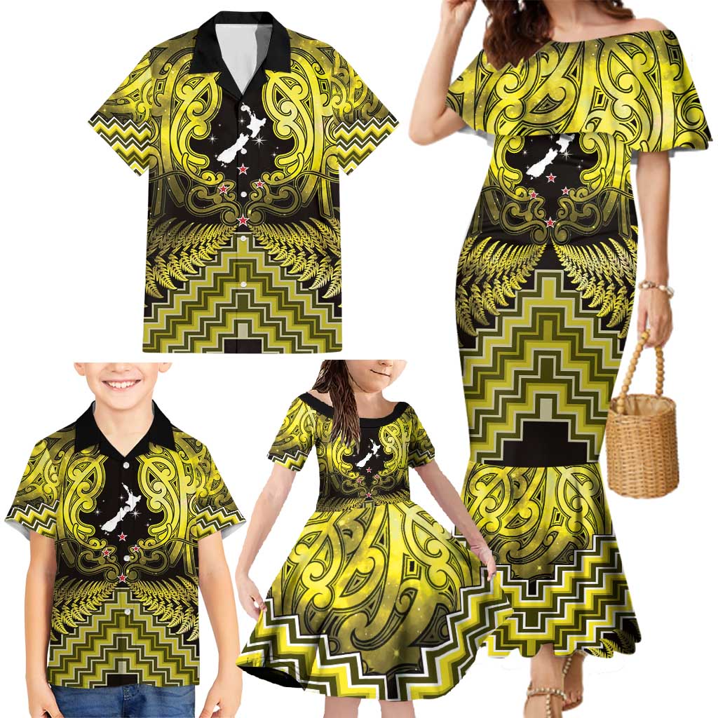 Personalised Aotearoa Matariki Family Matching Mermaid Dress and Hawaiian Shirt Yellow Fern Maori Poutama