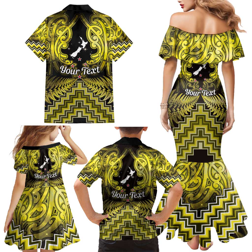 Personalised Aotearoa Matariki Family Matching Mermaid Dress and Hawaiian Shirt Yellow Fern Maori Poutama