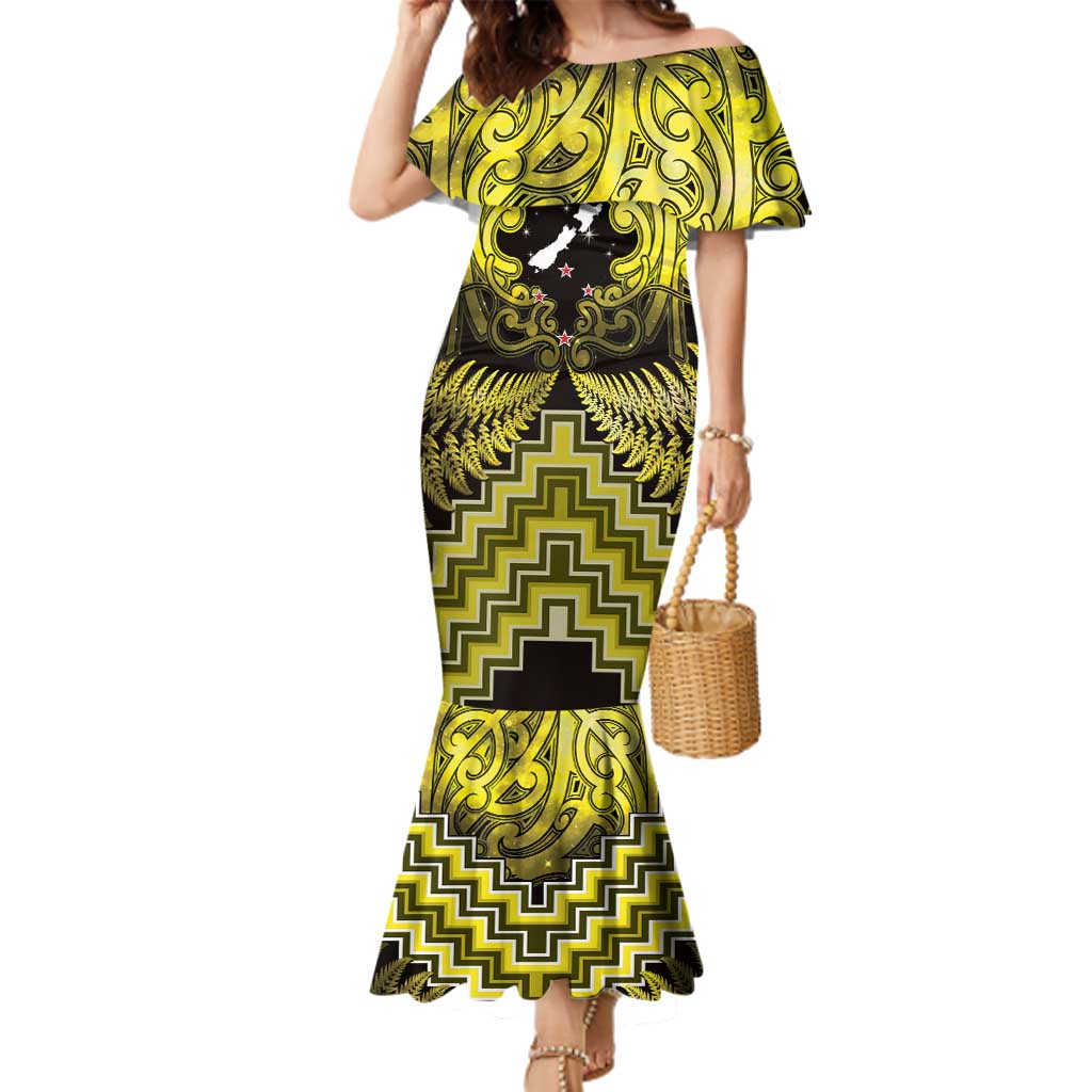 Personalised Aotearoa Matariki Family Matching Mermaid Dress and Hawaiian Shirt Yellow Fern Maori Poutama
