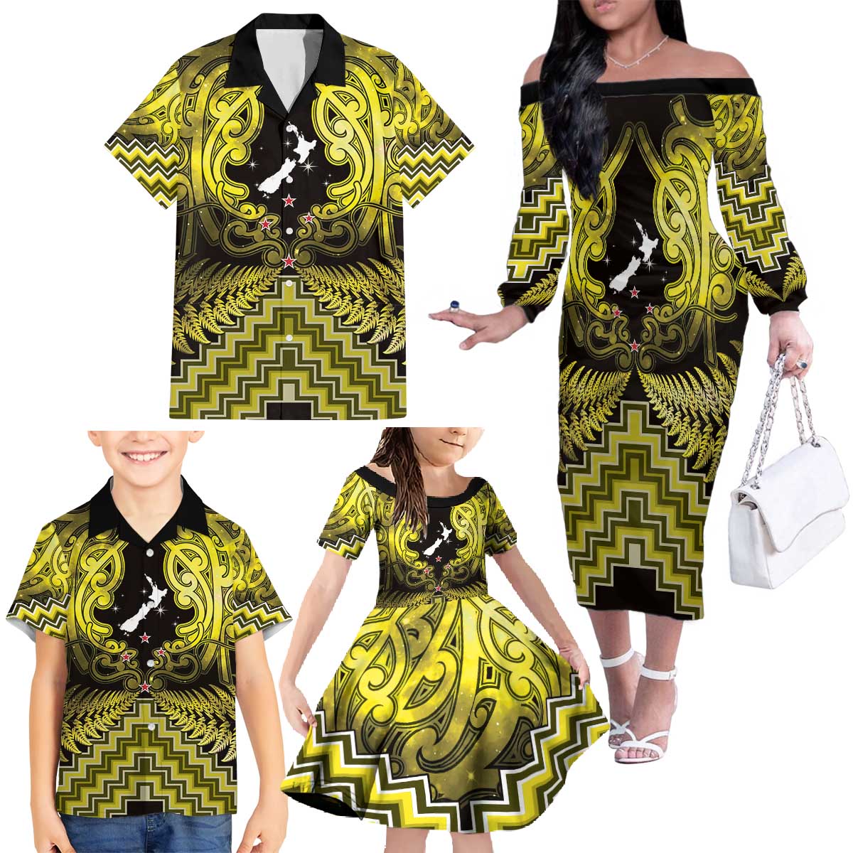 Personalised Aotearoa Matariki Family Matching Off The Shoulder Long Sleeve Dress and Hawaiian Shirt Yellow Fern Maori Poutama