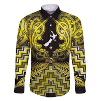 Personalised Aotearoa Matariki Family Matching Off The Shoulder Long Sleeve Dress and Hawaiian Shirt Yellow Fern Maori Poutama