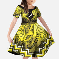Personalised Aotearoa Matariki Family Matching Off Shoulder Maxi Dress and Hawaiian Shirt Yellow Fern Maori Poutama