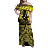 Personalised Aotearoa Matariki Family Matching Off Shoulder Maxi Dress and Hawaiian Shirt Yellow Fern Maori Poutama