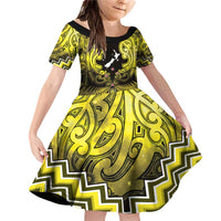 Personalised Aotearoa Matariki Family Matching Off Shoulder Short Dress and Hawaiian Shirt Yellow Fern Maori Poutama