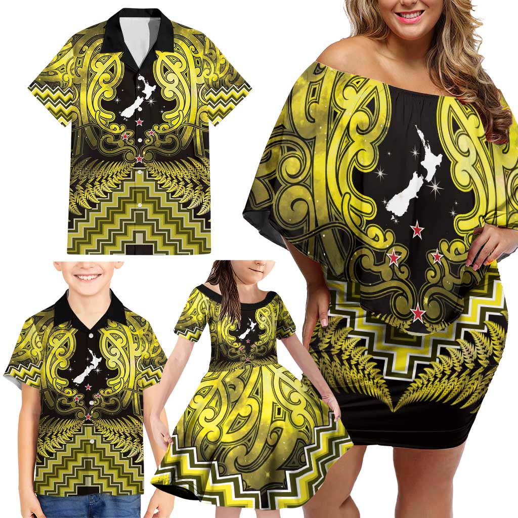 Personalised Aotearoa Matariki Family Matching Off Shoulder Short Dress and Hawaiian Shirt Yellow Fern Maori Poutama