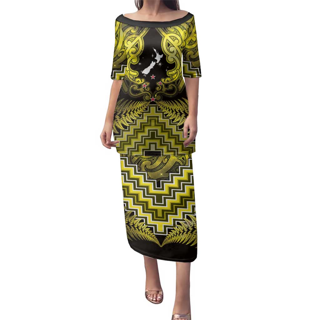 Personalised Aotearoa Matariki Family Matching Puletasi and Hawaiian Shirt Yellow Fern Maori Poutama