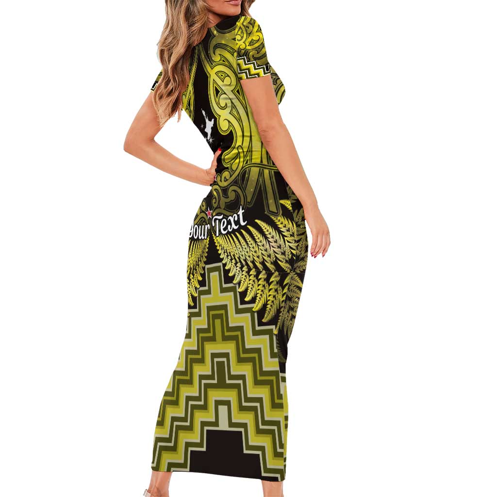 Personalised Aotearoa Matariki Family Matching Short Sleeve Bodycon Dress and Hawaiian Shirt Yellow Fern Maori Poutama