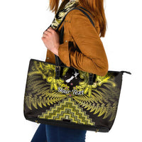 Personalised Aotearoa Matariki Leather Tote Bag Yellow Fern Maori Poutama