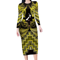 Personalised Aotearoa Matariki Long Sleeve Bodycon Dress Yellow Fern Maori Poutama