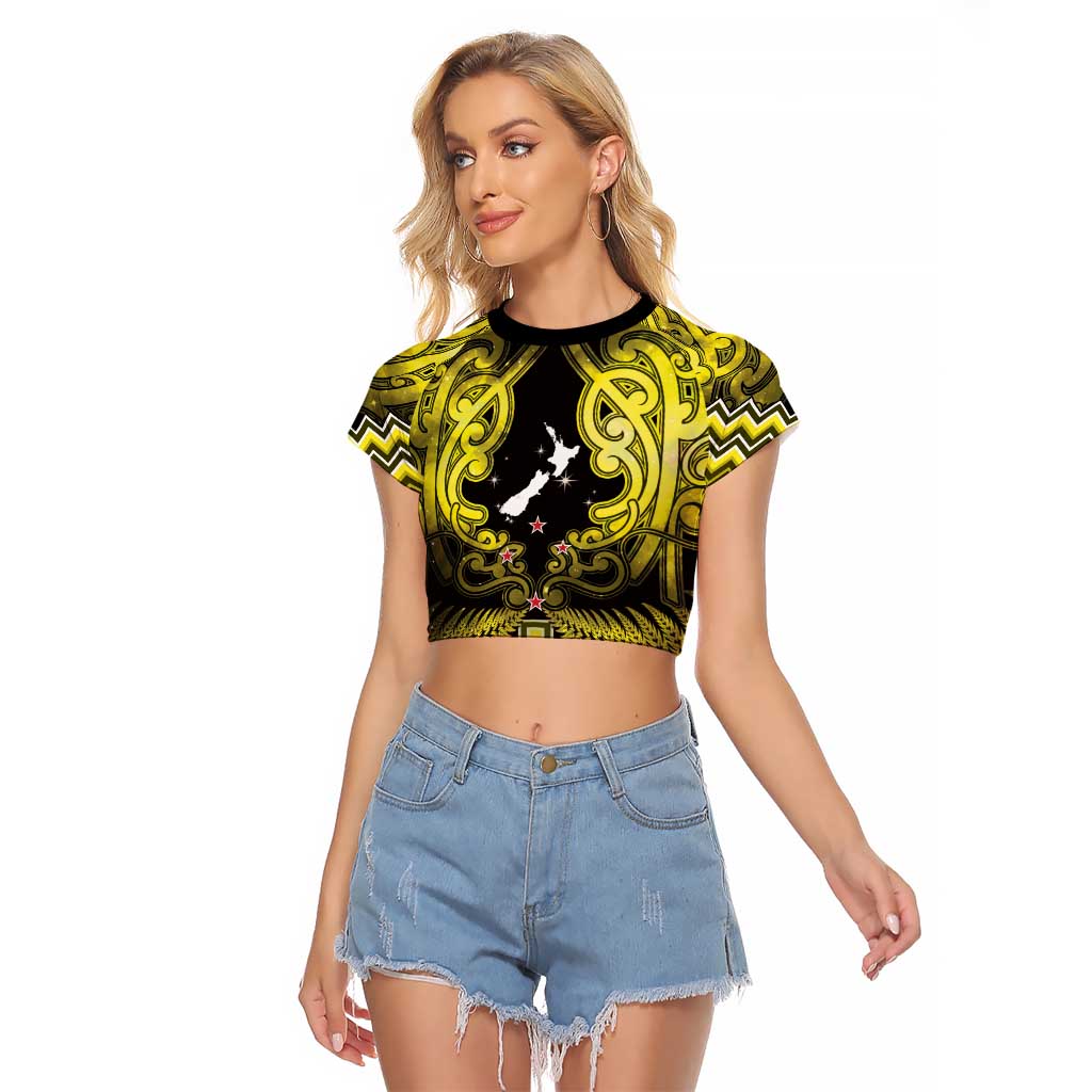 Personalised Aotearoa Matariki Raglan Cropped T Shirt Yellow Fern Maori Poutama