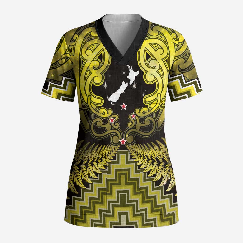 Personalised Aotearoa Matariki Scrub Top Yellow Fern Maori Poutama - Polynesian Pride