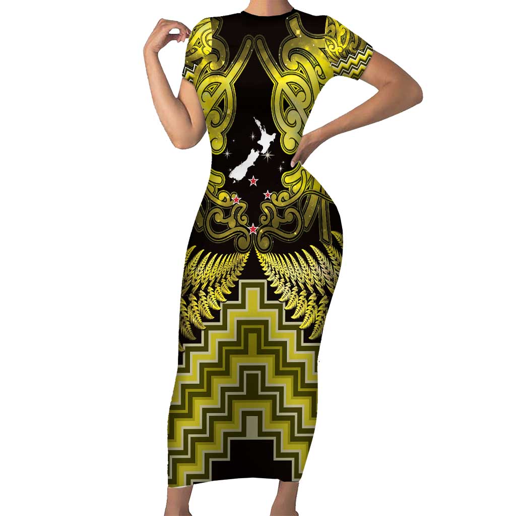 Personalised Aotearoa Matariki Short Sleeve Bodycon Dress Yellow Fern Maori Poutama