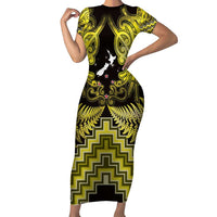 Personalised Aotearoa Matariki Short Sleeve Bodycon Dress Yellow Fern Maori Poutama