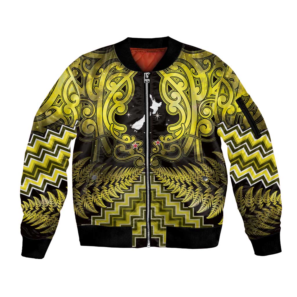Personalised Aotearoa Matariki Sleeve Zip Bomber Jacket Yellow Fern Maori Poutama