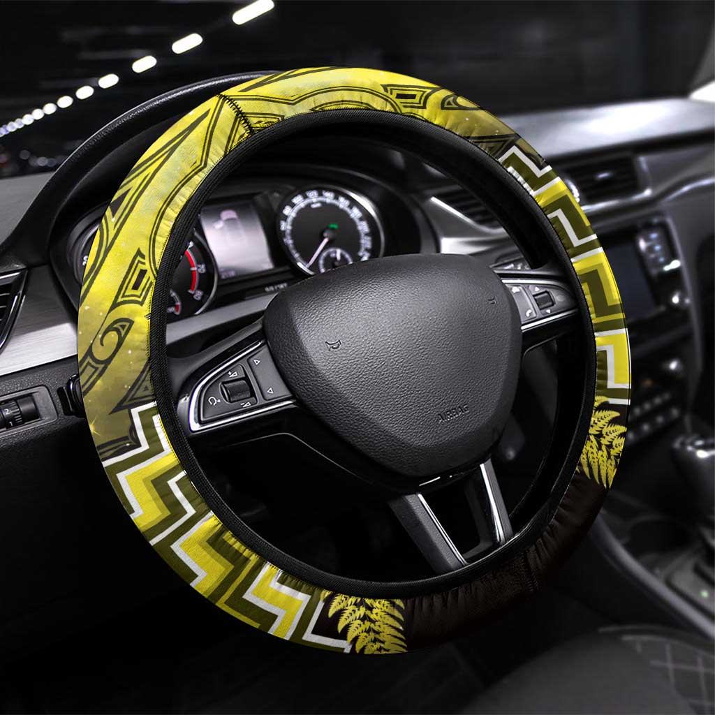 Aotearoa Matariki Steering Wheel Cover Yellow Fern Maori Poutama