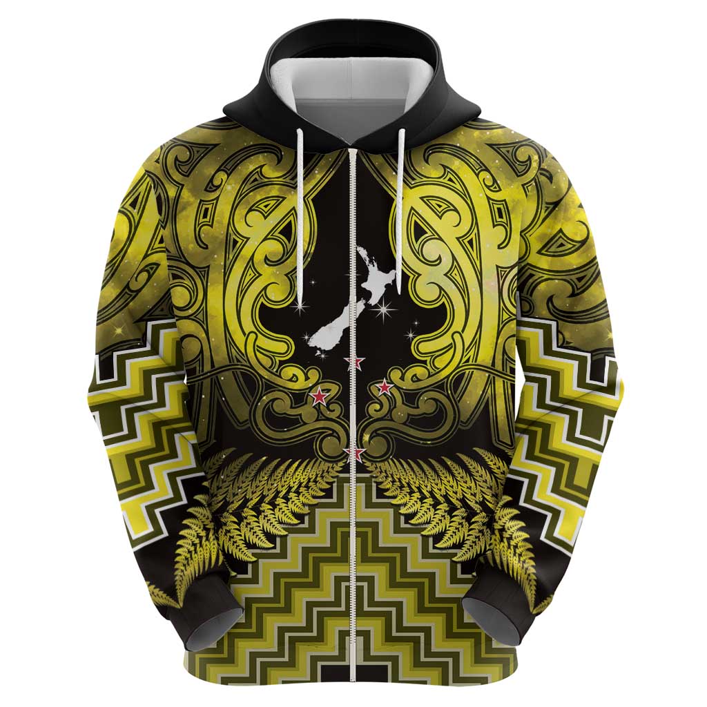 Personalised Aotearoa Matariki Zip Hoodie Yellow Fern Maori Poutama
