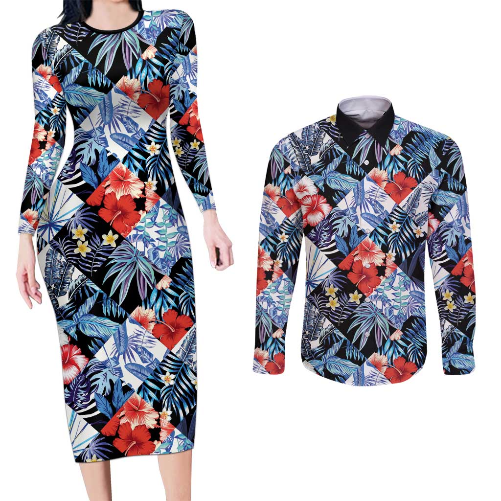 Hawaii Tropicana Blue Pattern Couples Matching Long Sleeve Bodycon Dress and Long Sleeve Button Shirt - Polynesian Pride