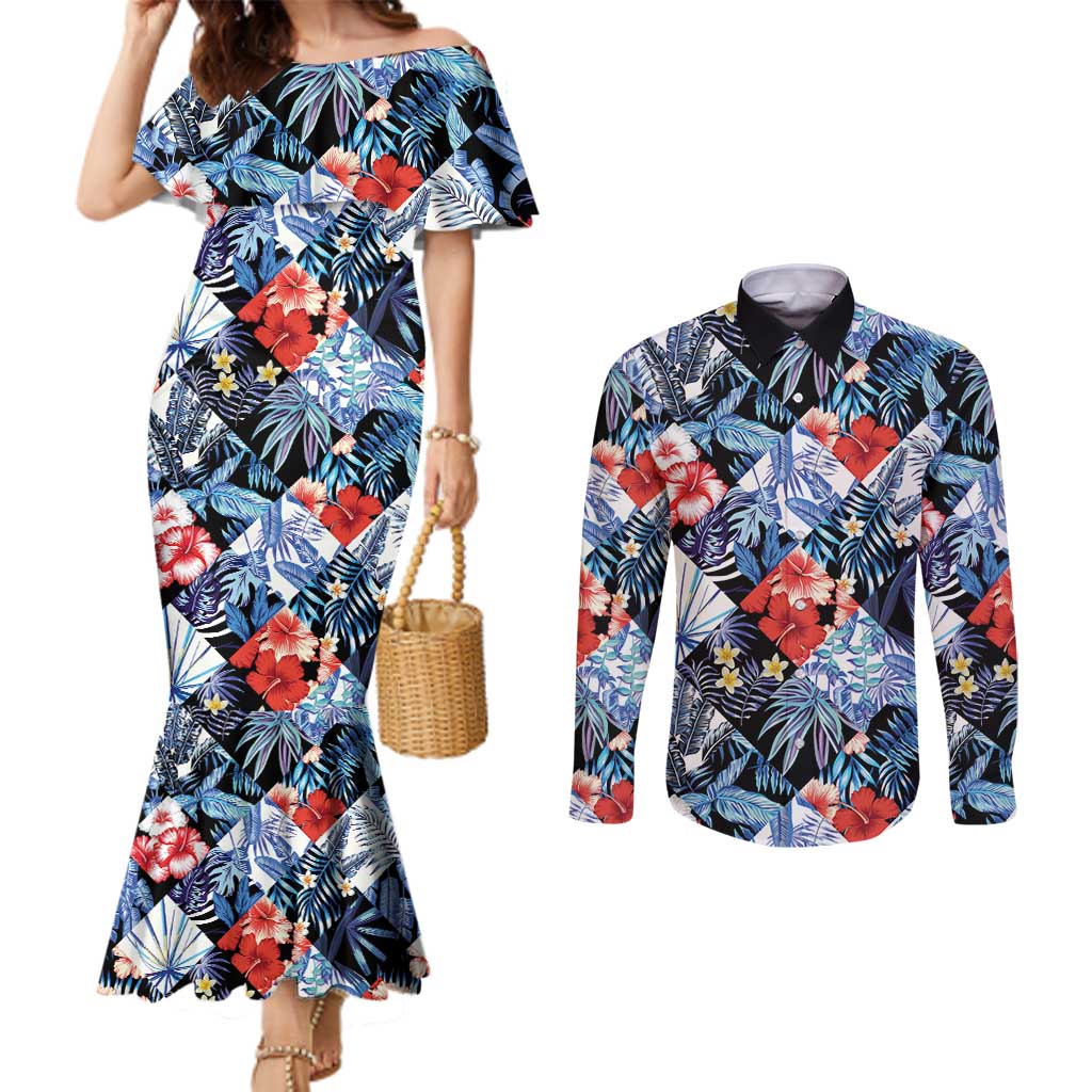 Hawaii Tropicana Blue Pattern Couples Matching Mermaid Dress and Long Sleeve Button Shirt - Polynesian Pride