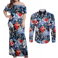 Hawaii Tropicana Blue Pattern Couples Matching Off Shoulder Maxi Dress and Long Sleeve Button Shirt - Polynesian Pride