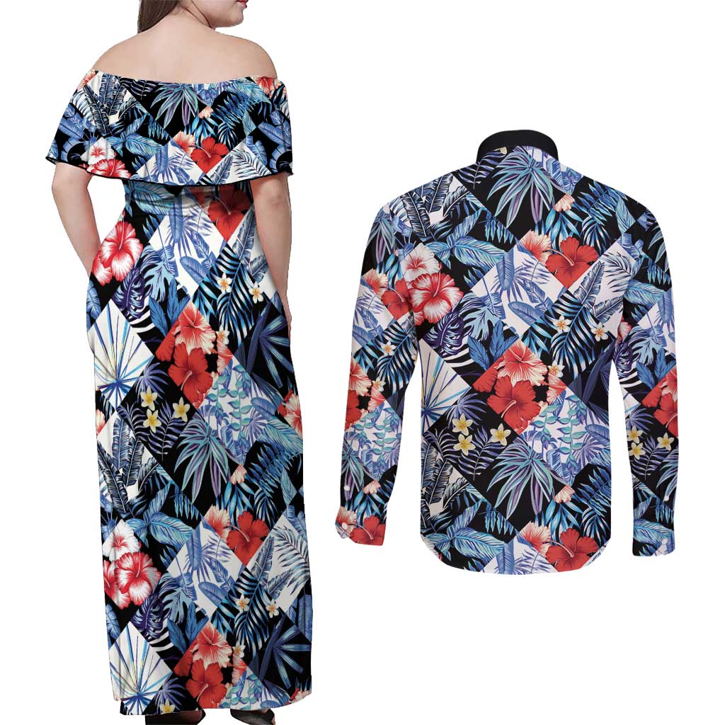 Hawaii Tropicana Blue Pattern Couples Matching Off Shoulder Maxi Dress and Long Sleeve Button Shirt - Polynesian Pride