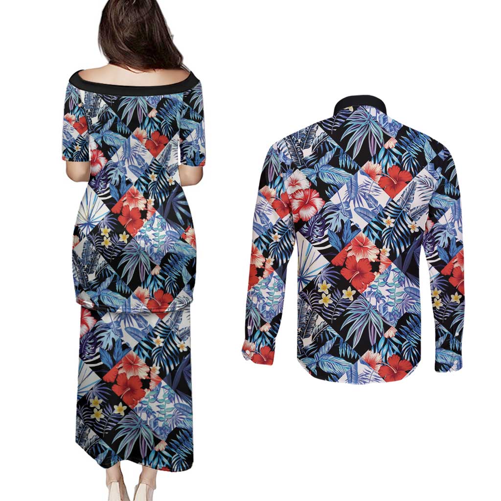 Hawaii Tropicana Blue Pattern Couples Matching Puletasi and Long Sleeve Button Shirt - Polynesian Pride