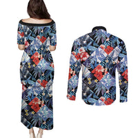 Hawaii Tropicana Blue Pattern Couples Matching Puletasi and Long Sleeve Button Shirt - Polynesian Pride