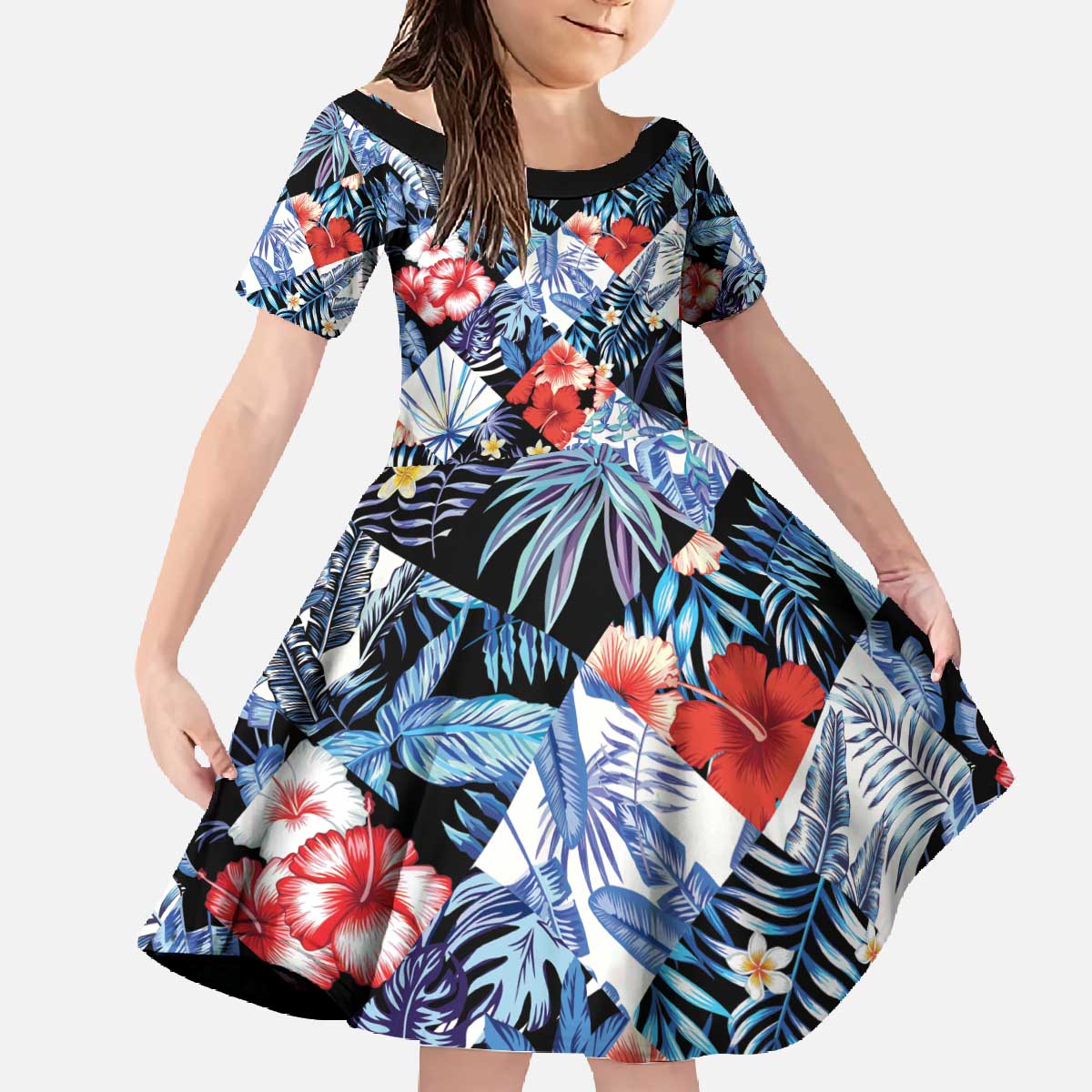 Hawaii Tropicana Blue Pattern Family Matching Off The Shoulder Long Sleeve Dress and Hawaiian Shirt - Polynesian Pride