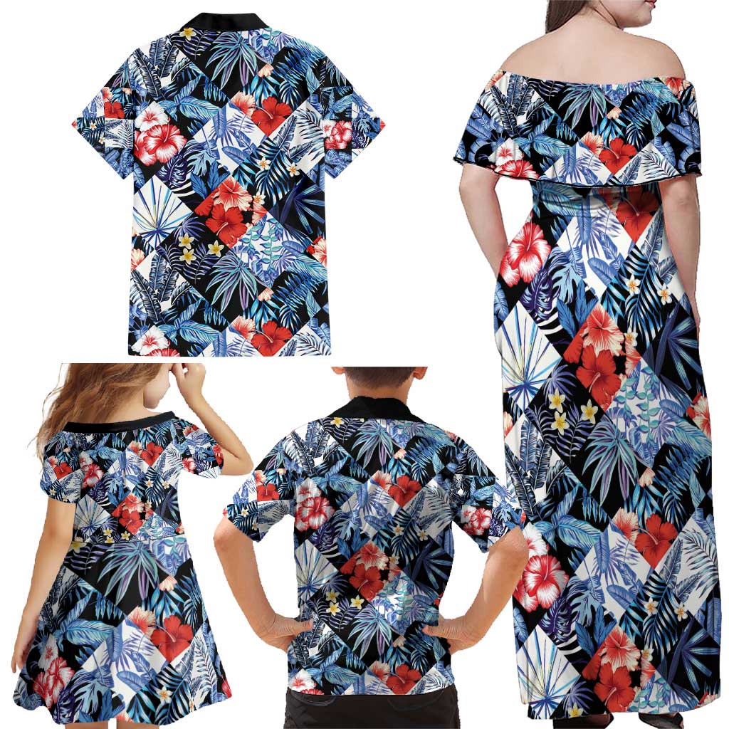 Hawaii Tropicana Blue Pattern Family Matching Off Shoulder Maxi Dress and Hawaiian Shirt - Polynesian Pride