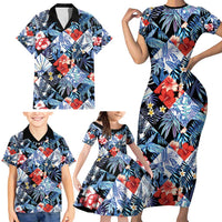 Hawaii Tropicana Blue Pattern Family Matching Short Sleeve Bodycon Dress and Hawaiian Shirt - Polynesian Pride