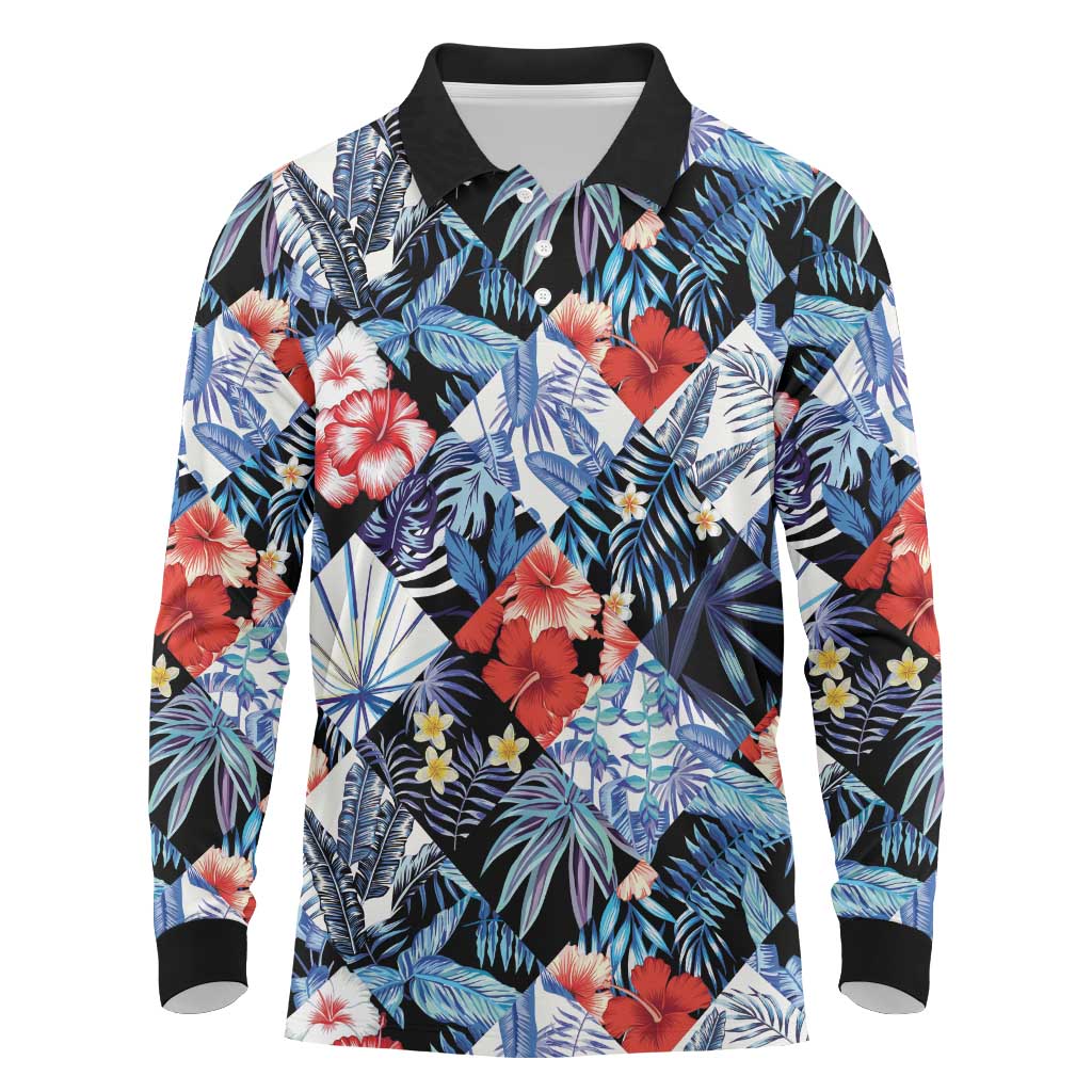 Hawaii Tropicana Blue Pattern Long Sleeve Polo Shirt - Polynesian Pride