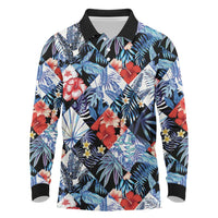 Hawaii Tropicana Blue Pattern Long Sleeve Polo Shirt - Polynesian Pride