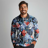 Hawaii Tropicana Blue Pattern Long Sleeve Polo Shirt - Polynesian Pride