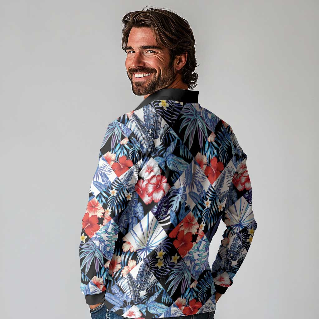 Hawaii Tropicana Blue Pattern Long Sleeve Polo Shirt - Polynesian Pride