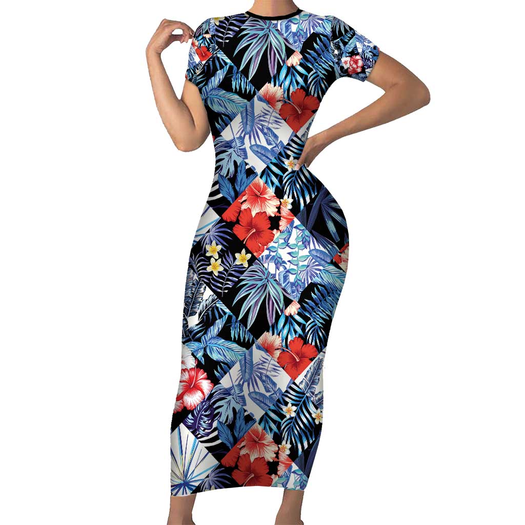 Hawaii Tropicana Blue Pattern Short Sleeve Bodycon Dress - Polynesian Pride