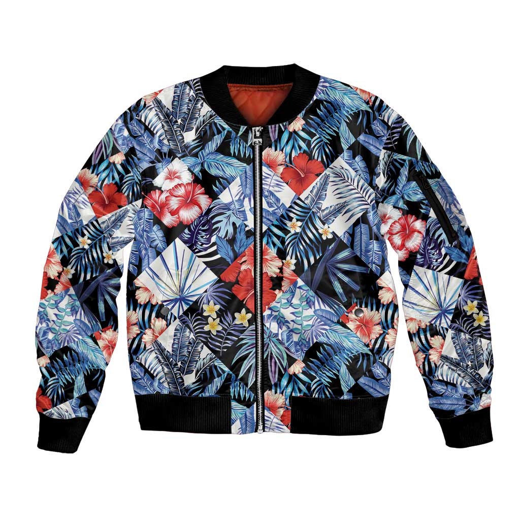 Hawaii Tropicana Blue Pattern Sleeve Zip Bomber Jacket - Polynesian Pride